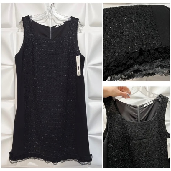 $139 NWT DKNYC Sz 16 Black Metallic Tweed Ruffle Hem Sheath Dress NEW - Picture 1 of 8